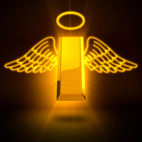 Representación 3D de una barra de oro muerta con alas y anillo —  Fotos de Stock