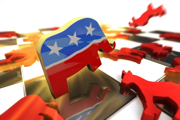Republikeinse symbool aanvallen democraat symbool op een schaakbord — Stockfoto