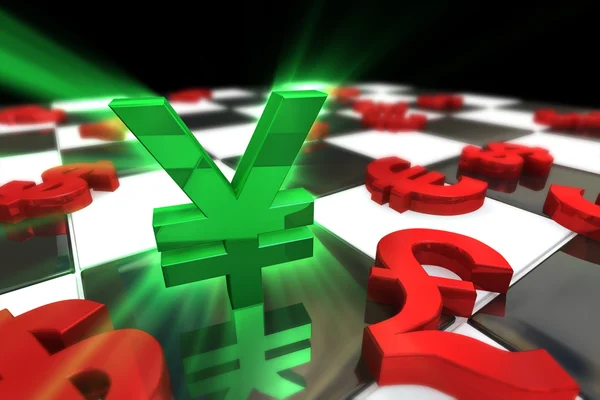 Green Japanese Yen Symbol with red international currencies — Stock Photo, Image