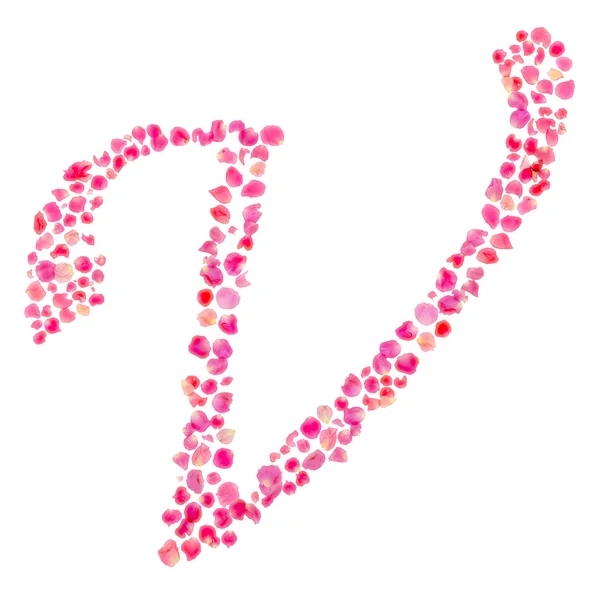 V alfabet samengesteld met rozenblaadjes geïsoleerd op wit — Stockfoto