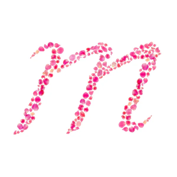 Alfabet m samengesteld met rozenblaadjes geïsoleerd op wit — Stockfoto