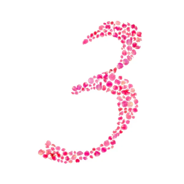 Nummer drie samengesteld met rozenblaadjes geïsoleerd op wit — Stockfoto