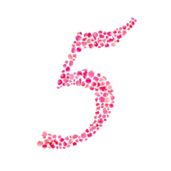 Nummer vijf samengesteld met rozenblaadjes geïsoleerd op wit — Stockfoto