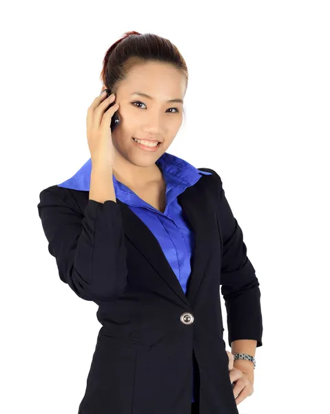 Isolated young business woman has a conversation on a mobile pho — Stock Photo, Image