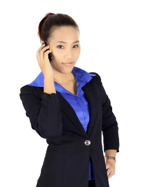 Isolated young business woman has a conversation on a mobile pho — Stock Photo, Image