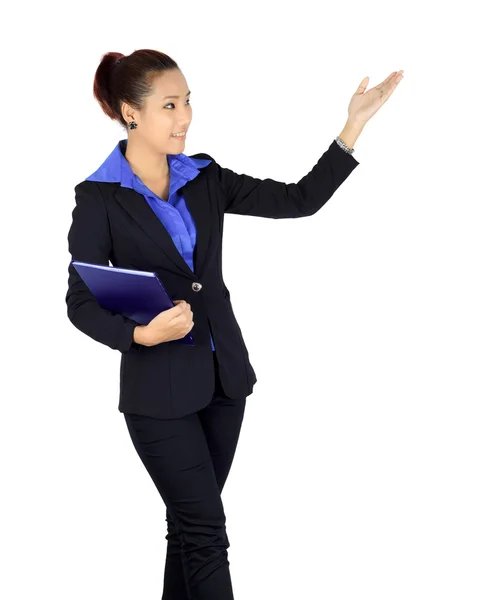 Isolated young asian business woman with presenting posture over — Stock Photo, Image