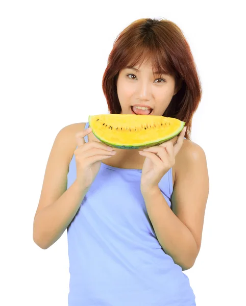 Jovem mulher asiática com um pedaço de melancia — Fotografia de Stock