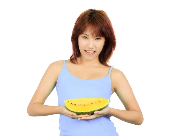 Junge asiatische Frau mit einem Stück Wassermelone — Stockfoto