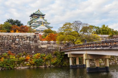 Japonya'nın Osaka Kalesi ile sonbahar yaprakları