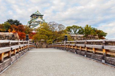 Japonya'nın Osaka Kalesi ile sonbahar yaprakları