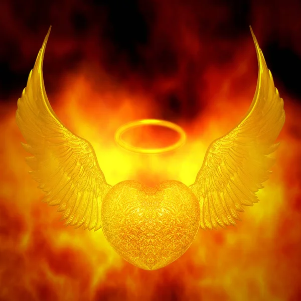 Renderowanie Złotego Serca Anielskimi Skrzydłami Spalonymi Ogniu — Zdjęcie stockowe