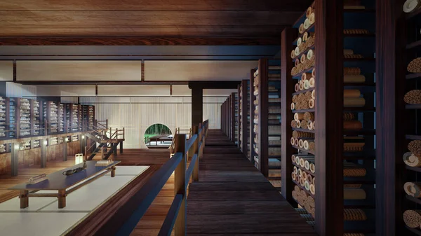 Rendering Antica Biblioteca Libri Bambù Cinese — Foto Stock