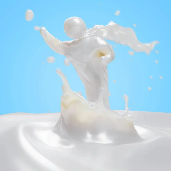 Rendering Abstract Super Milk Character Flies Out Milk Splash — Stockfoto