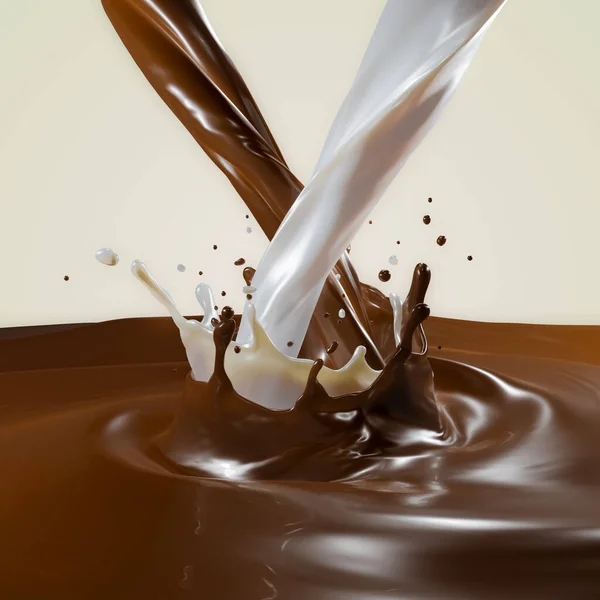 3D Rendering of Isolated Liquid Chocolate Splash with Pouring Liquid Chocolate and Milk
