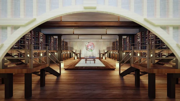 Representación Pintoresca Biblioteca Privada China Con Resbalón Bambú — Foto de Stock