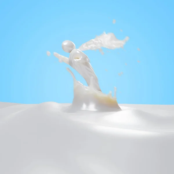 一个抽象的超级牛奶角色从牛奶飞溅中的3D渲染 — 图库照片