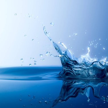 3D Rendering of a Clear Blue Splash Water with Droplets on Gradient Blue Background
