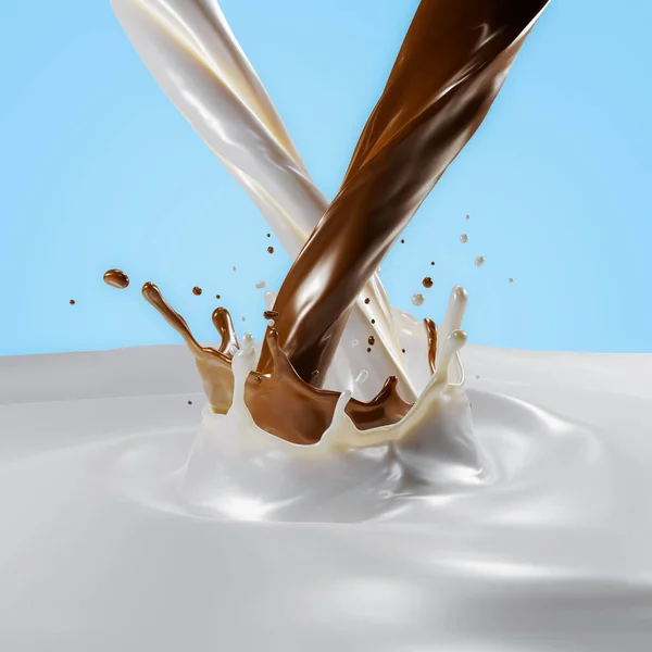 3D Rendering of Isolated Liquid Milk Splash with Pouring Liquid Chocolate and Milk