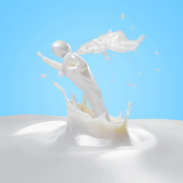 一个抽象的超级牛奶角色从牛奶飞溅中的3D渲染 — 图库照片