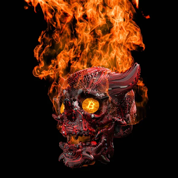 3D Rendering of a Burning Cyberpunk Devil Skull with Bitcoins in the Eye Sockets