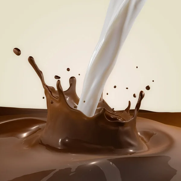 3D Rendering of Isolated Liquid Chocolate Splash with Pouring Milk