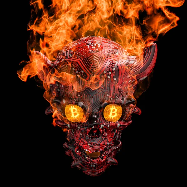 3D Rendering of a Burning Cyberpunk Devil Skull with Bitcoins in the Eye Sockets