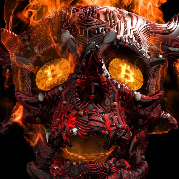 3D Rendering of a Burning Cyberpunk Devil Skull with Bitcoins in the Eye Sockets