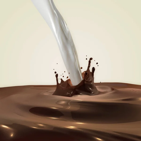 3D Rendering of Isolated Liquid Chocolate Splash with Pouring Milk