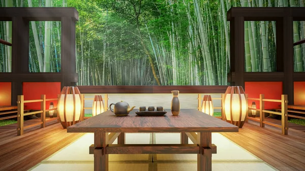 Rendu Pittoresque Maison Thé Chinoise Moderne Dans Bosquet Bambous — Photo