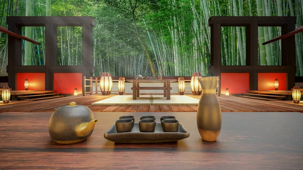 Renderização Quaint Modern Chinese Tea House Bosque Bambu — Fotografia de Stock