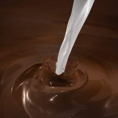 3D Rendering of Isolated Liquid Chocolate Splash with Pouring Milk