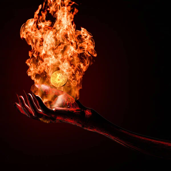 Rendering Devil Hand Burns Golden Bitcoin Hot Flame — Zdjęcie stockowe