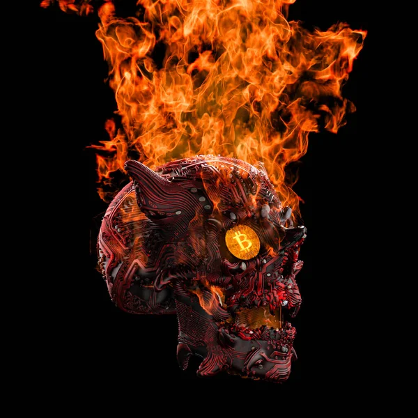 Rendering Burning Cyberpunk Devil Skull Bitcoins Eye Sockets — Fotografia de Stock