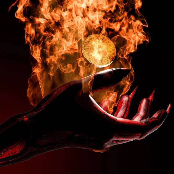 Rendering Devil Hand Burns Golden Bitcoin Hot Flame — Zdjęcie stockowe