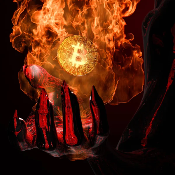 Рендеринг Руки Дьявола Сжигает Золотой Биткойн Горячим Пламенем — стоковое фото