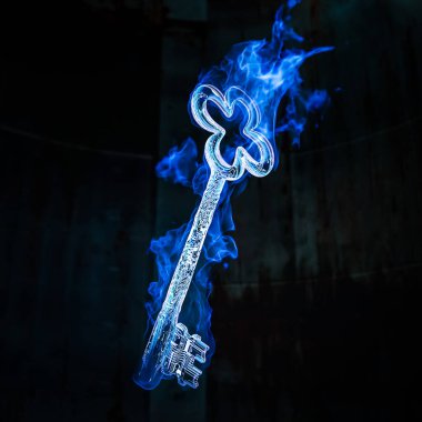 3D Rendering of a Cyber Key Burns up in a Blue Fire Flame