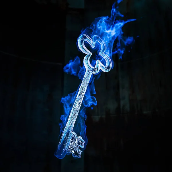 Rendering Cyber Key Burns Blue Fire Flame — Stock fotografie