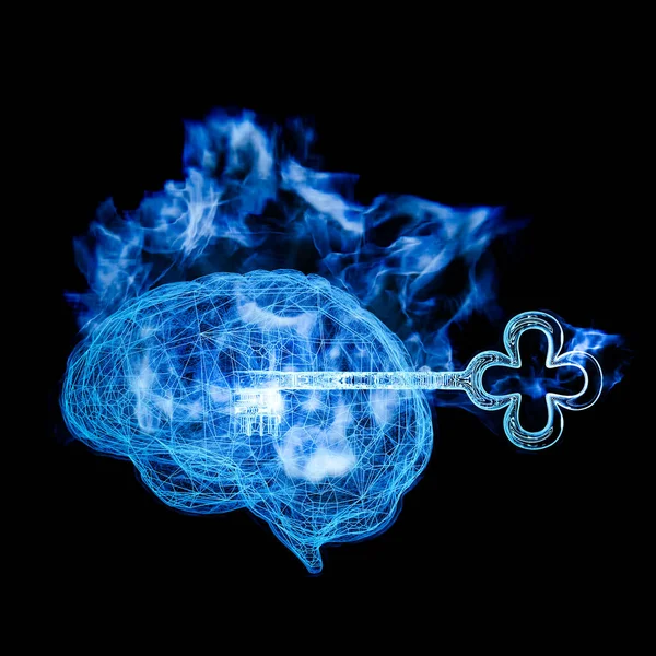 3D Rendering of a Key Penetrate inside a Wire Brain with Blue Fire Flame