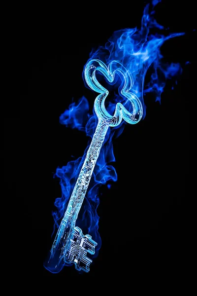 Rendering Cyber Key Burns Blue Fire Flame — 图库照片