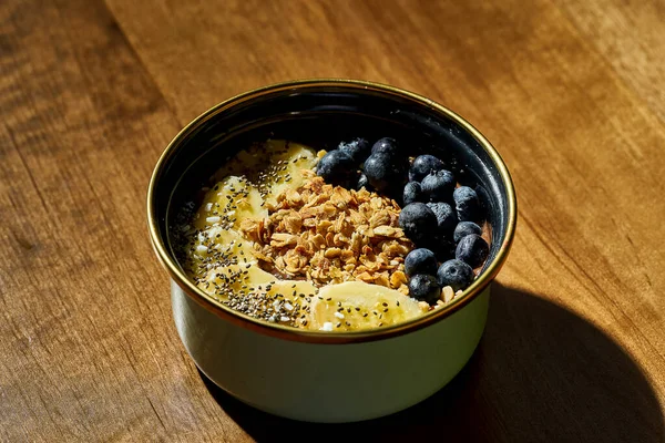 High Calorie Healthy Breakfast Bowl Milk Granola Banana Blueberry Wooden — Stock Photo, Image