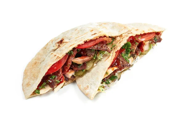 Pita Beef Chicken Fresh Vegetables Red Sauce White Plate Photo — стоковое фото
