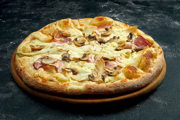 Pizza Bacon Mushrooms Cheese Black Stone Background Degree Angle View — Photo