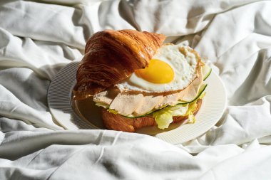 Kızarmış yumurta, tavuk ve salatalıklı kruvasan sandviçi beyaz bir tabakta. Zor ışık.