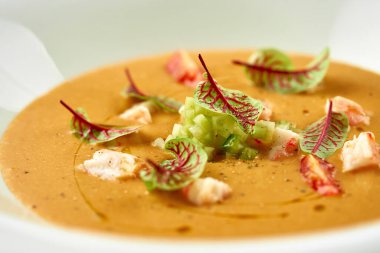 Balkabağı kremalı çorbaya yakın plan beyaz tabakta yengeç. Seçici odak