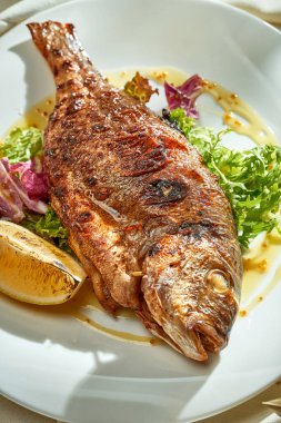 Salatalı fırında dorado ve beyaz tabakta sos. Sert ışık. Seçici odak.