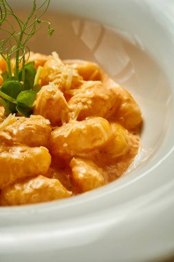 Domates soslu ve parmesanlı Gnocchi. Yakın plan. Seçici odaklanma. Yapım sonrası ses