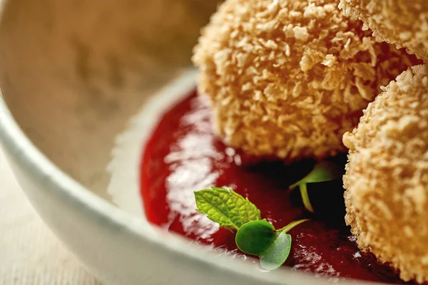 Croquette Cheese Cranberry Sauce Close Selective Focus — стоковое фото