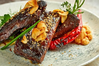 Hosper barbecue pork ribs. Close-up, selective focus