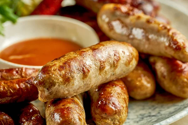 German Grilled Sausages Close Selective Focus Appetizer Beer 스톡 이미지