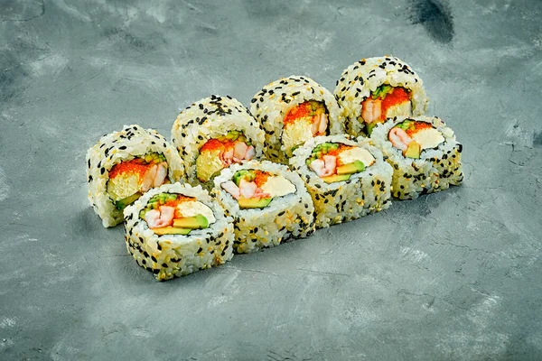 Sesame Sushi Roll Avocado Shrimp Cheese Gray Background Noise Added — Stok fotoğraf